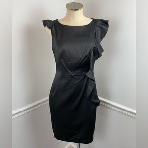 MAGGY LONDON Black Satin Ruffle Front Dress | Size 6